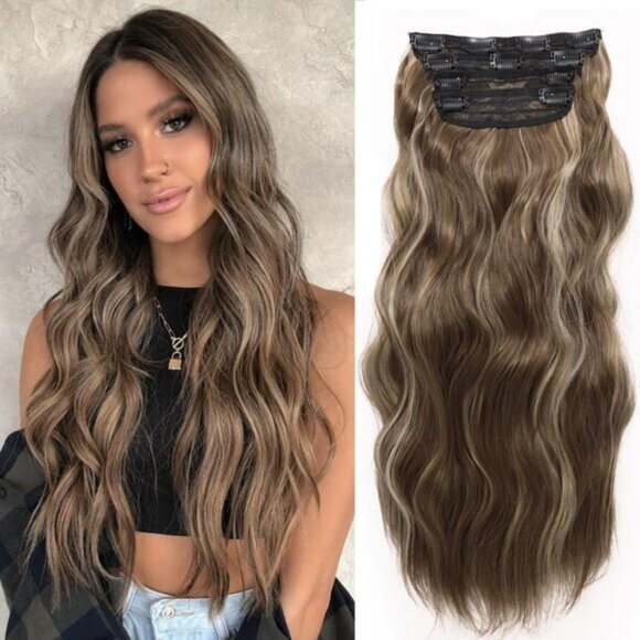 4PCS 20 Inch Wavy Curly Medium Brown & Blonde Synthetic Clip-in Hair Extensions - Picture 1 of 6